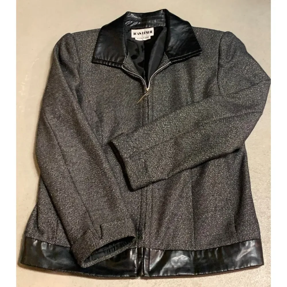 Vtg Joan Leslie Womens Tweed Blazer Sz 8 Black Faux Leather Trim Office Academia